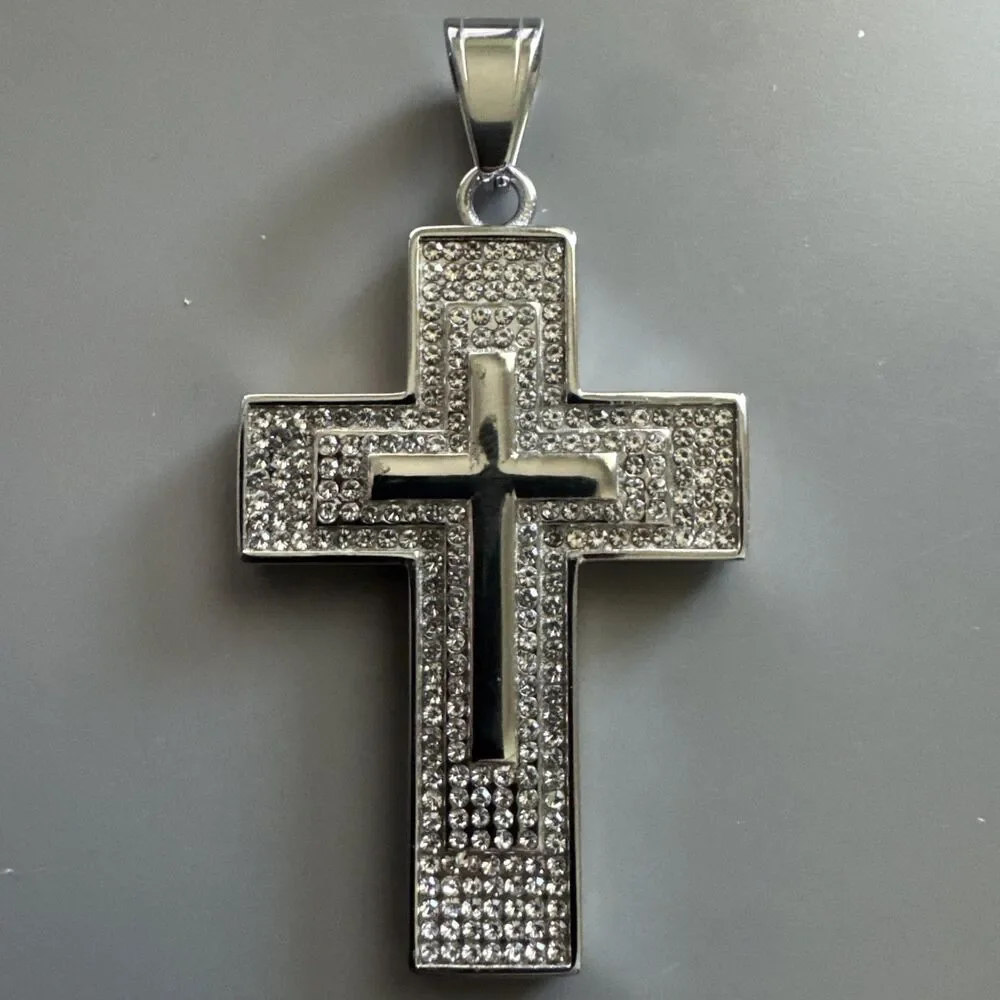 Triple Cross Pendant Silver Plated Cubic Zirconia 24” Chain Stainless Steel Gift